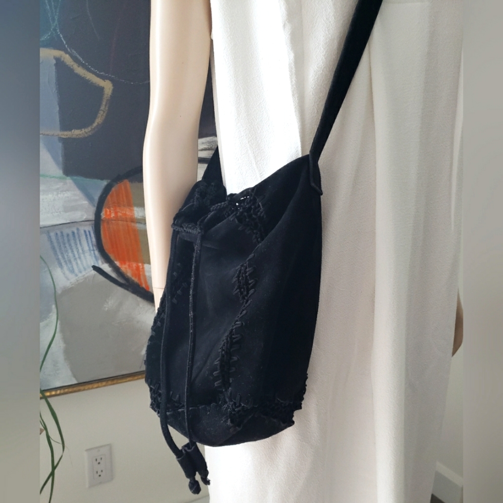 Suede Bucket Bag with Crochet Trim